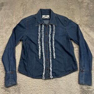VTG Blue Willi's Button Up Shirt Denim Chambray Frayed Prairie‎ Women's Large